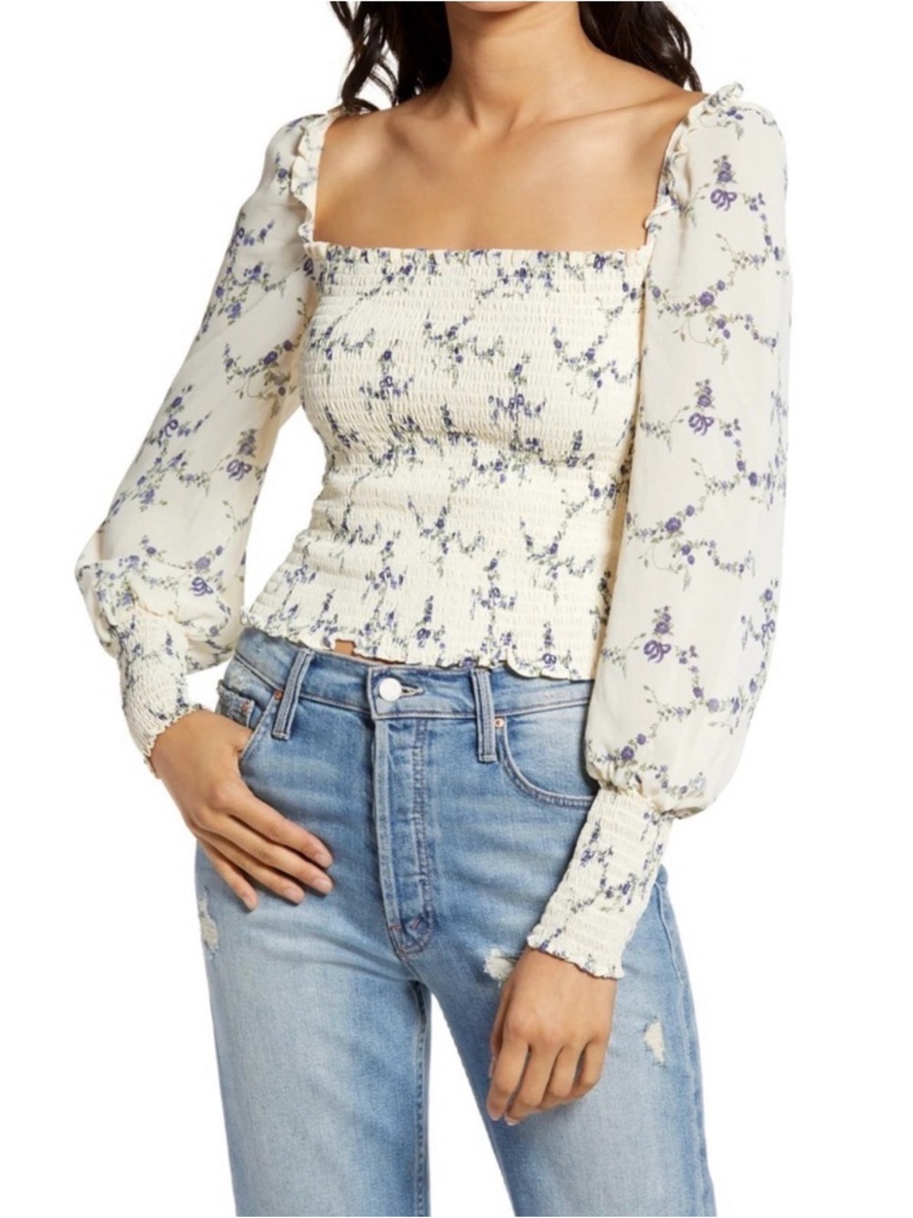 Smocked Square-Neck Floral Long-Sleeve Top - Cream/Blue